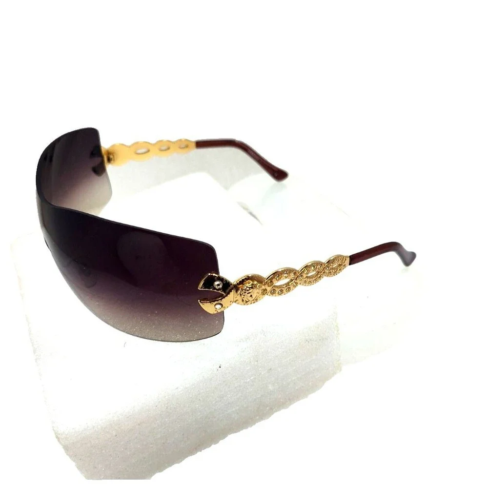 Vintage Y2K Versace 2043-B  Brown Rhinestone Rimless Shield Sunglasses Scratched